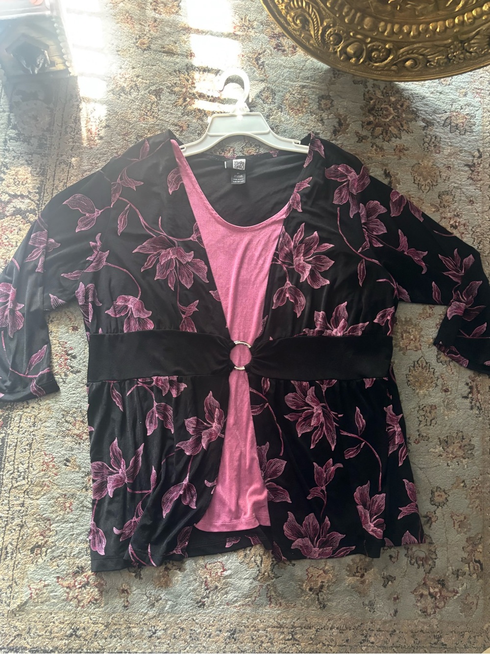 Studio 1940 Black Cardigan with Pink Floral Burnout Overlay Built in Undershirt